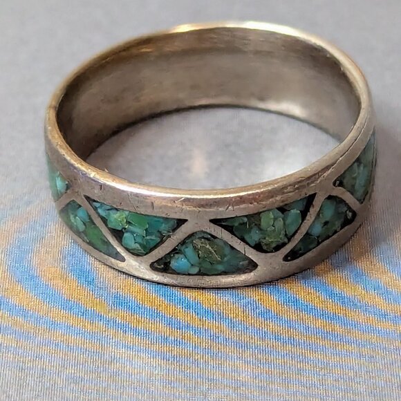 1960s Zuni Ring Crush Turquoise Wedding band RING SIZE 7 - Picture 1 of 12